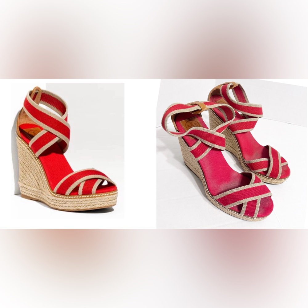 Tory Burch Adonis Red Wedge Espadrilles Nautical Platform Wedges Stretchy Straps